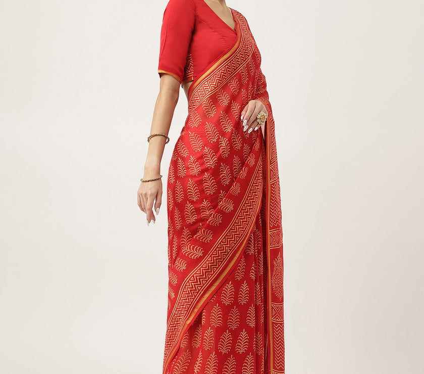 Divena Red HandBlock Chanderi Silk Saree