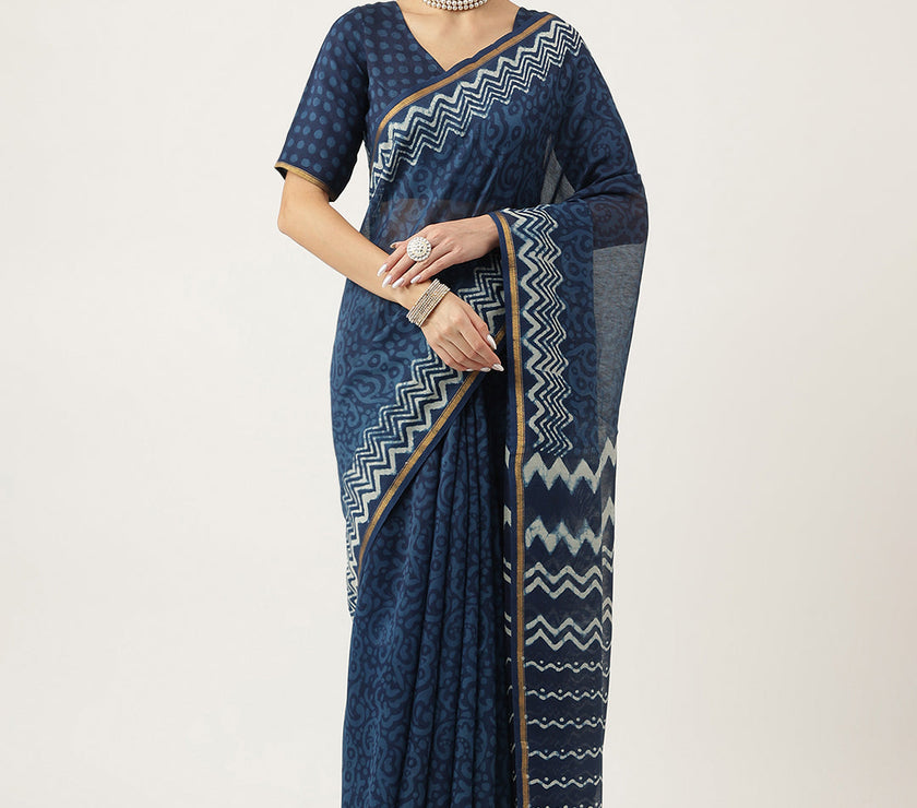 Divena Indigo blue HandBlock Chanderi Silk Saree