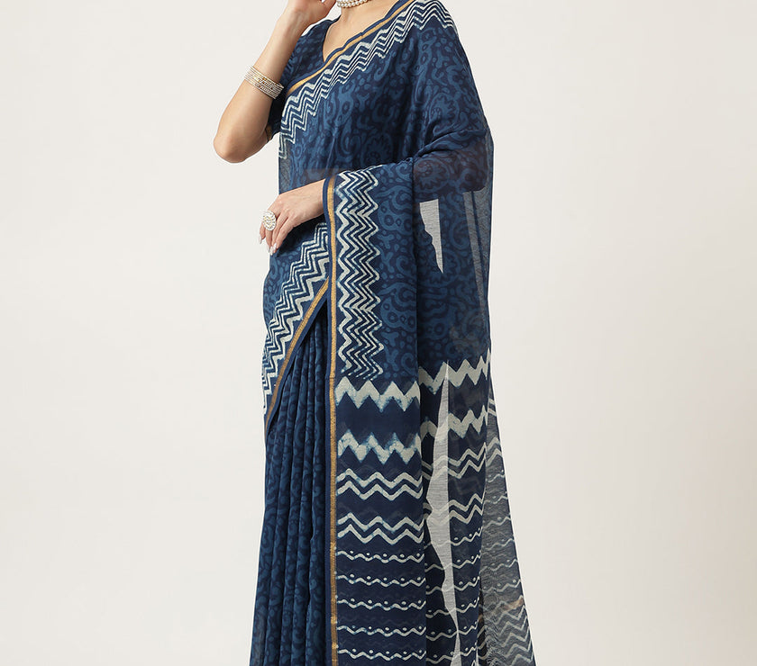 Divena Indigo blue HandBlock Chanderi Silk Saree