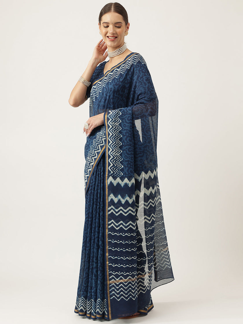 Divena Indigo blue HandBlock Chanderi Silk Saree