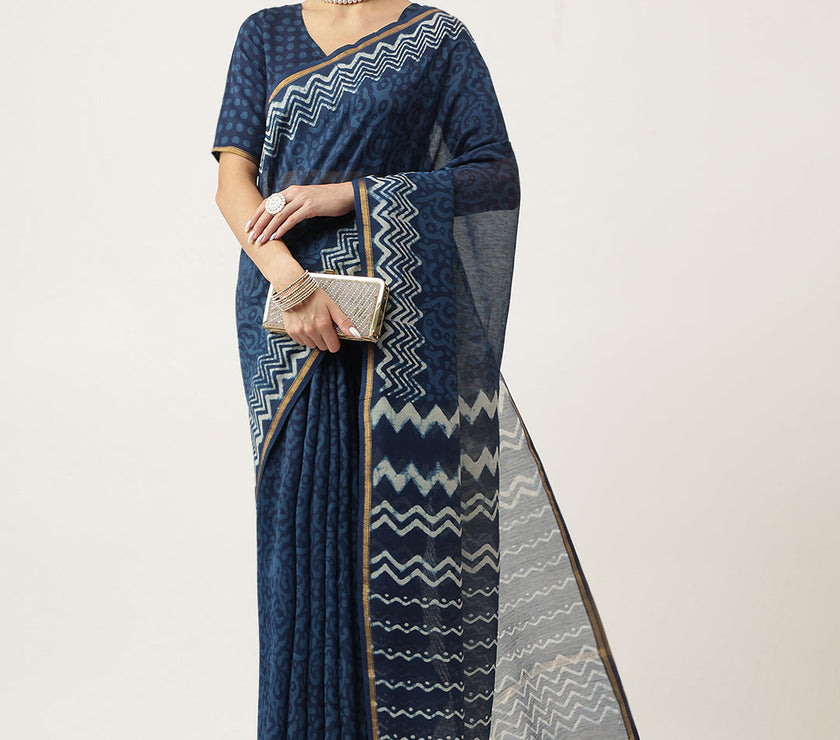 Divena Indigo blue HandBlock Chanderi Silk Saree