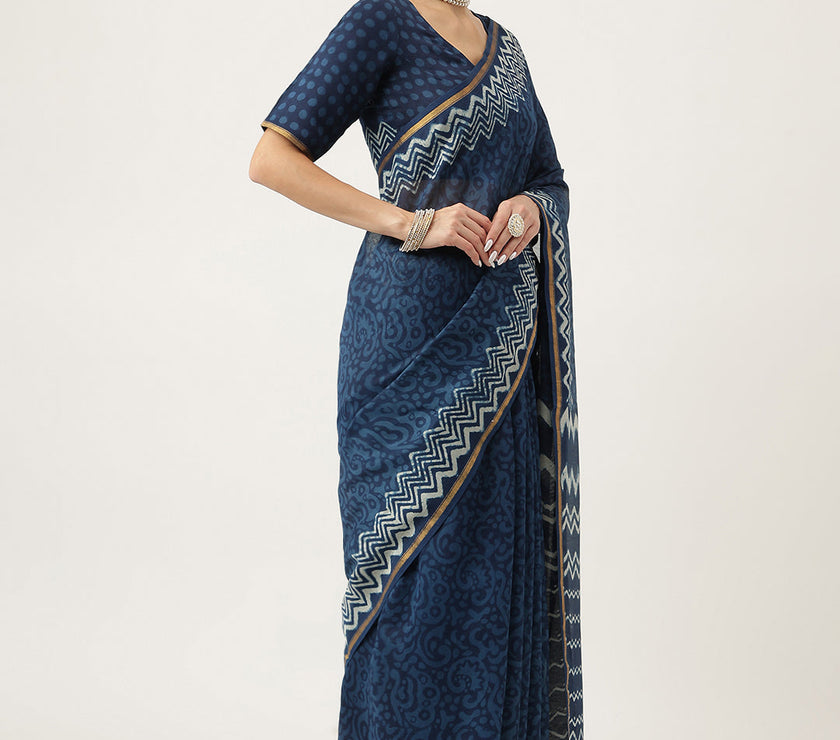 Divena Indigo blue HandBlock Chanderi Silk Saree