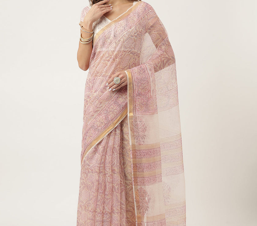 Divena Pink HandBlock Cotton Kota Doria Saree