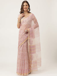 Divena Pink HandBlock Cotton Kota Doria Saree