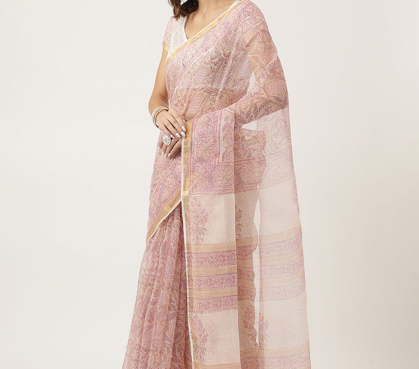 Divena Pink HandBlock Cotton Kota Doria Saree