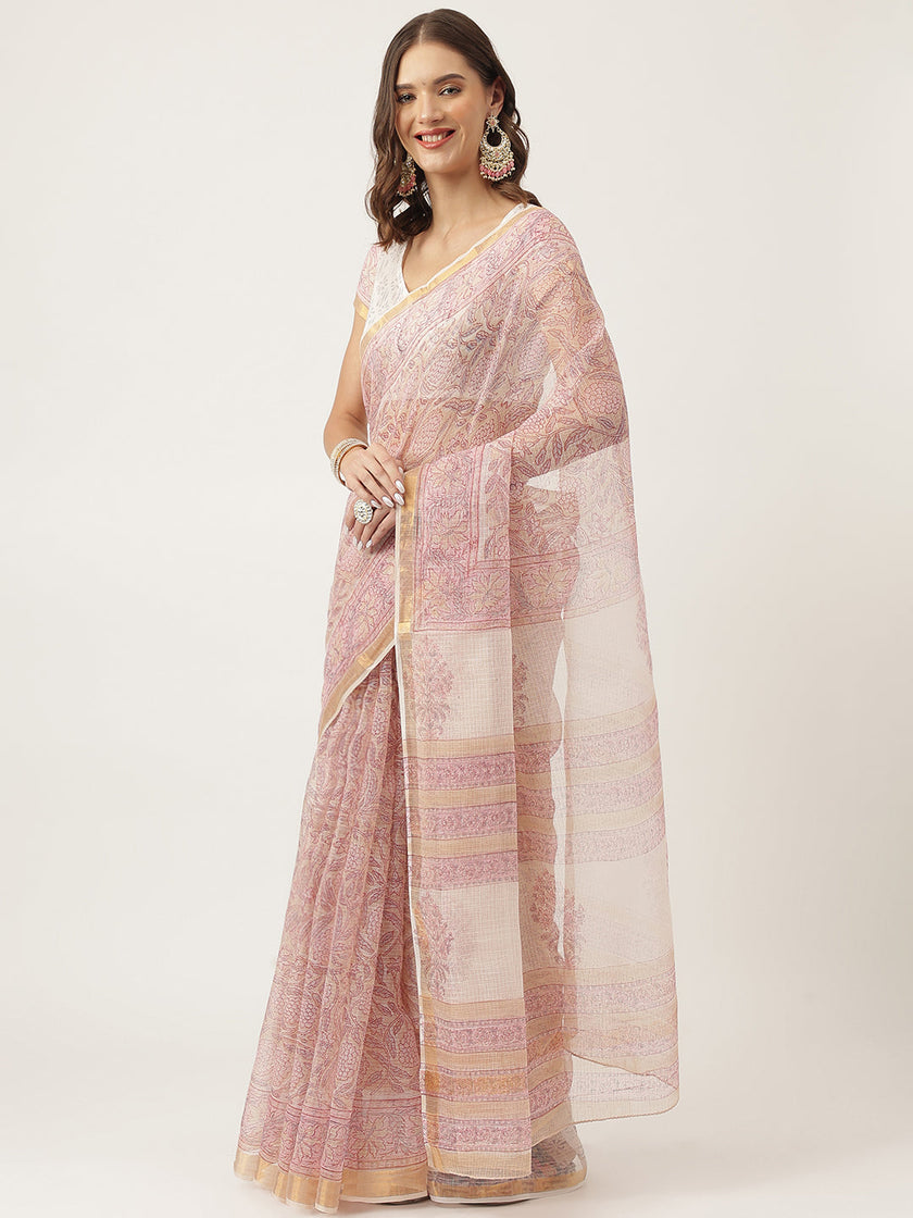 Divena Pink HandBlock Cotton Kota Doria Saree