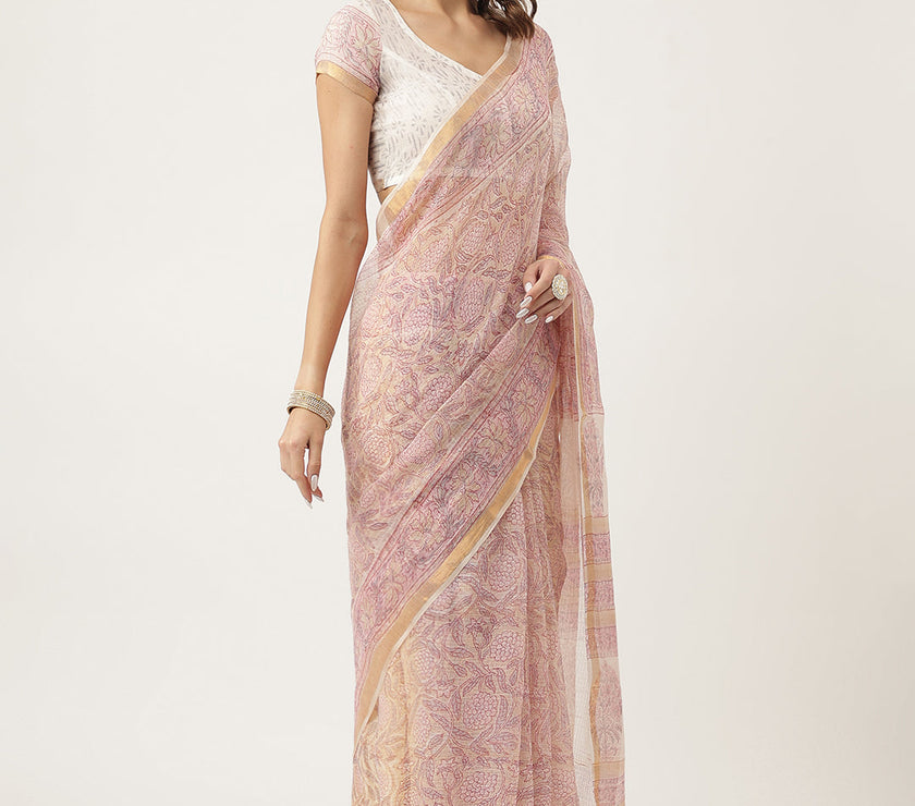 Divena Pink HandBlock Cotton Kota Doria Saree