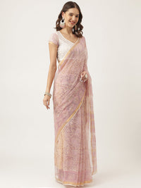 Divena Pink HandBlock Cotton Kota Doria Saree