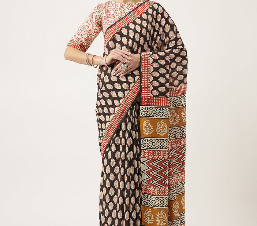 Divena Black & Beige HandBlock MulMul Cotton Saree