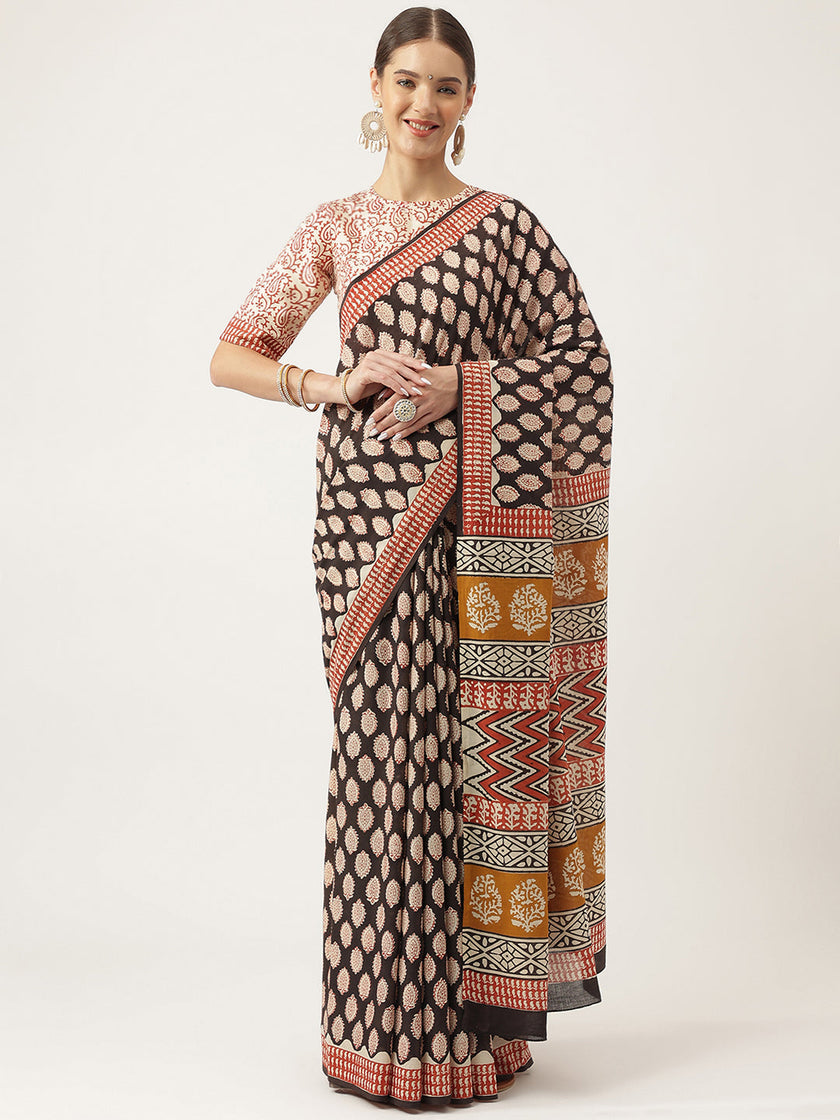 Divena Black & Beige HandBlock MulMul Cotton Saree