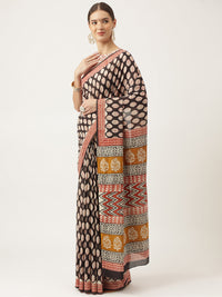 Divena Black & Beige HandBlock MulMul Cotton Saree