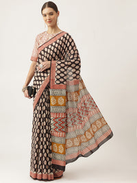 Divena Black & Beige HandBlock MulMul Cotton Saree