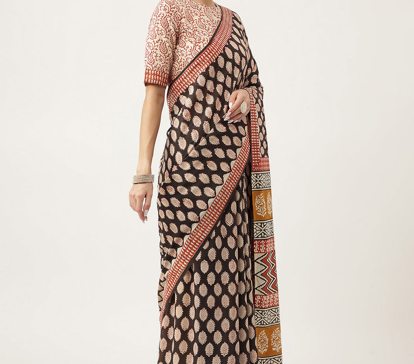 Divena Black & Beige HandBlock MulMul Cotton Saree