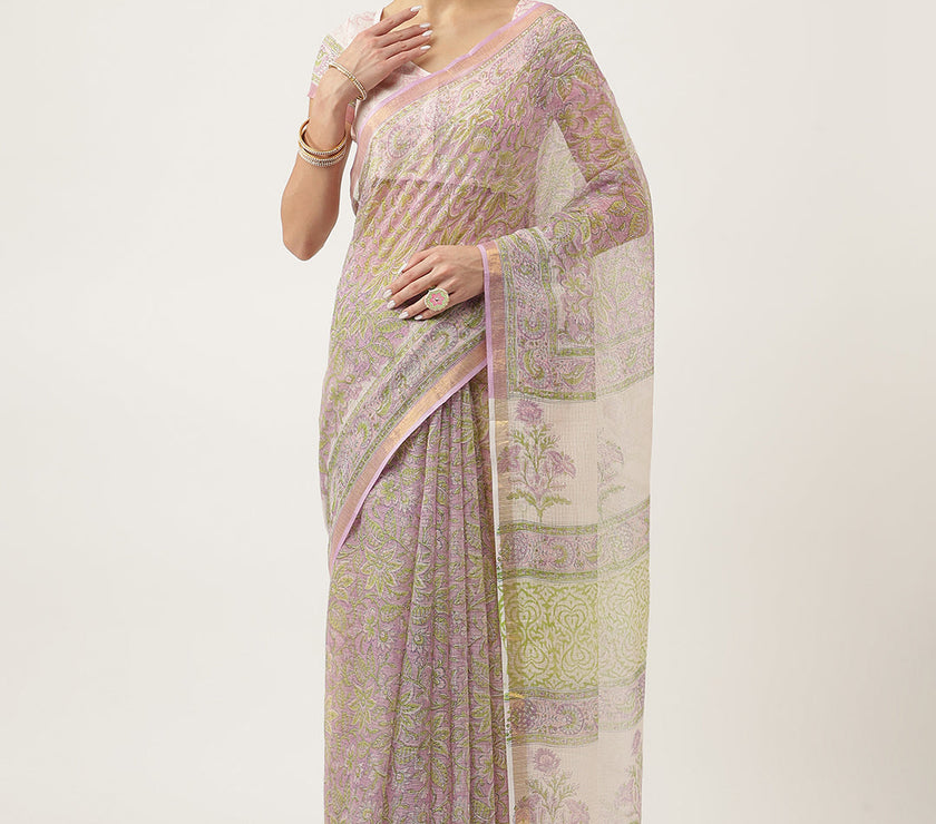 Divena Purple HandBlock Kota Doria Saree