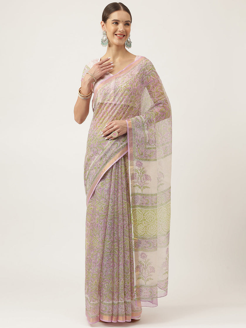 Divena Purple HandBlock Kota Doria Saree