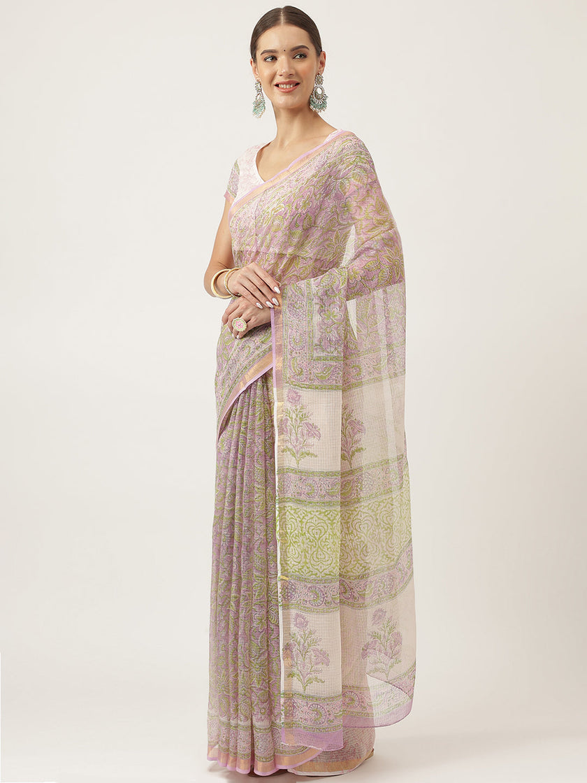 Divena Purple HandBlock Kota Doria Saree