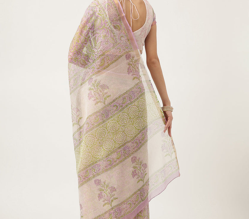 Divena Purple HandBlock Kota Doria Saree