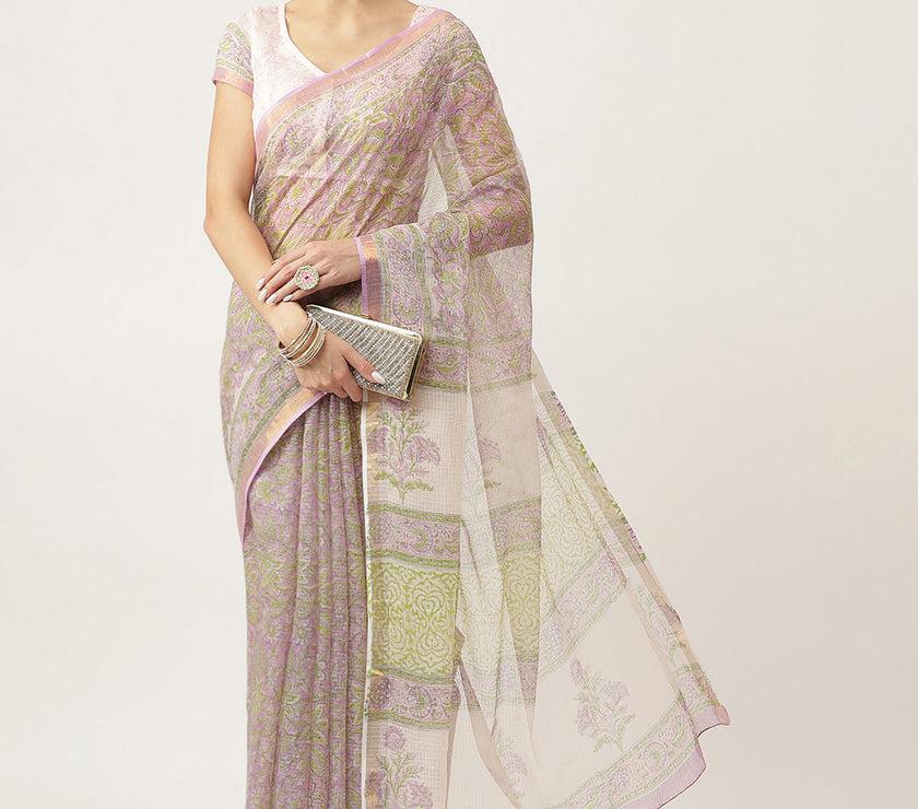 Divena Purple HandBlock Kota Doria Saree