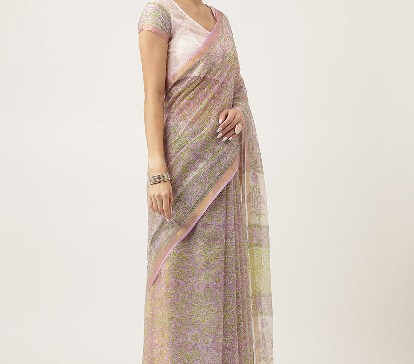 Divena Purple HandBlock Kota Doria Saree