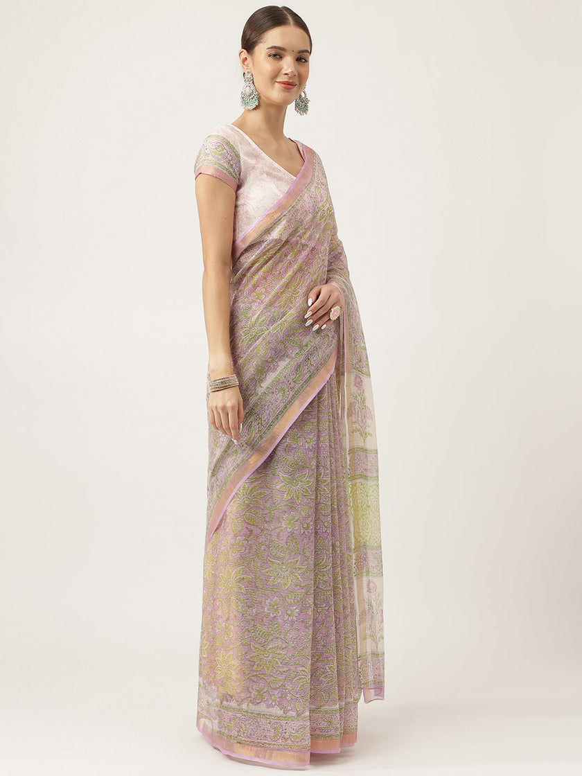 Divena Purple HandBlock Kota Doria Saree