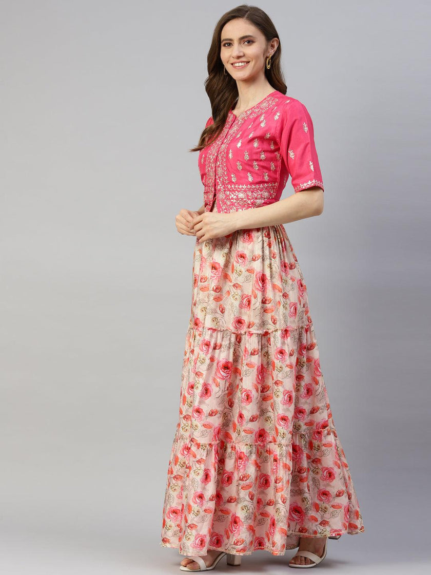 Divena Pink Raw Silk Top with skirt set - divenaworld.com