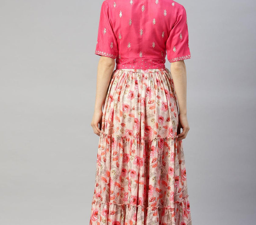 Divena Pink Raw Silk Top with skirt set - divenaworld.com