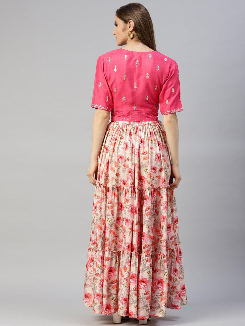 Divena Pink Raw Silk Top with skirt set - divenaworld.com