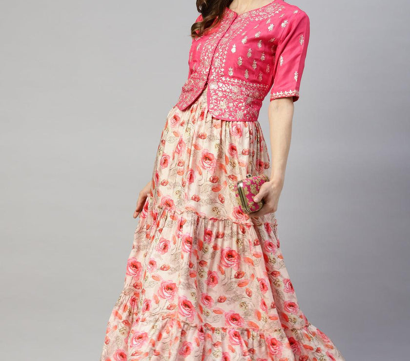 Divena Pink Raw Silk Top with skirt set - divenaworld.com