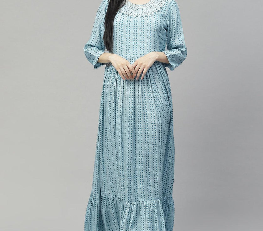 Divena Blue Muslin Flared Gown - divenaworld.com