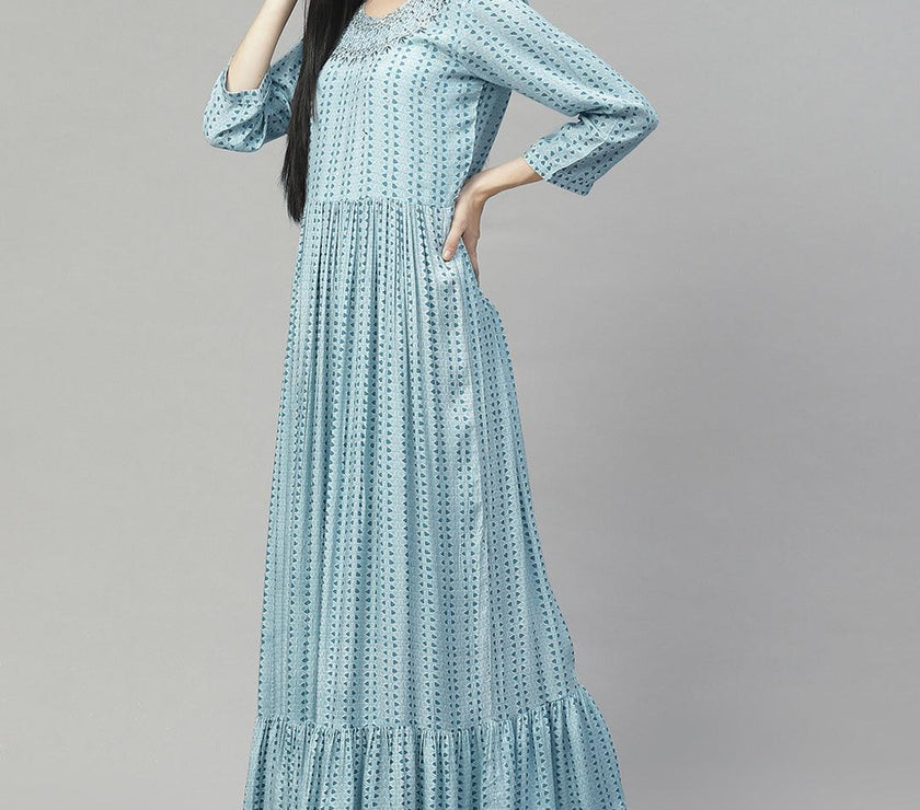 Divena Blue Muslin Flared Gown - divenaworld.com