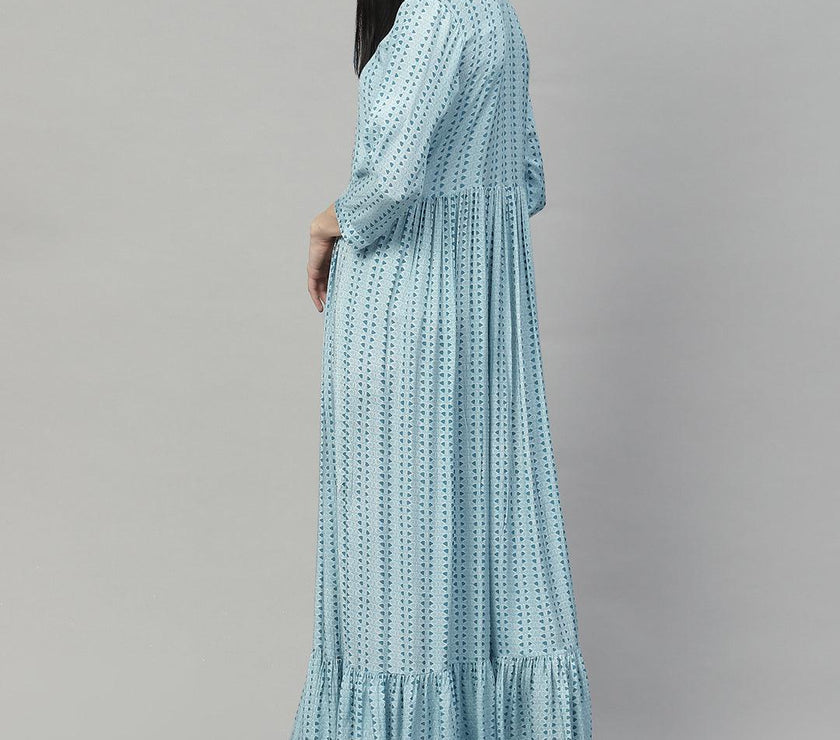 Divena Blue Muslin Flared Gown - divenaworld.com