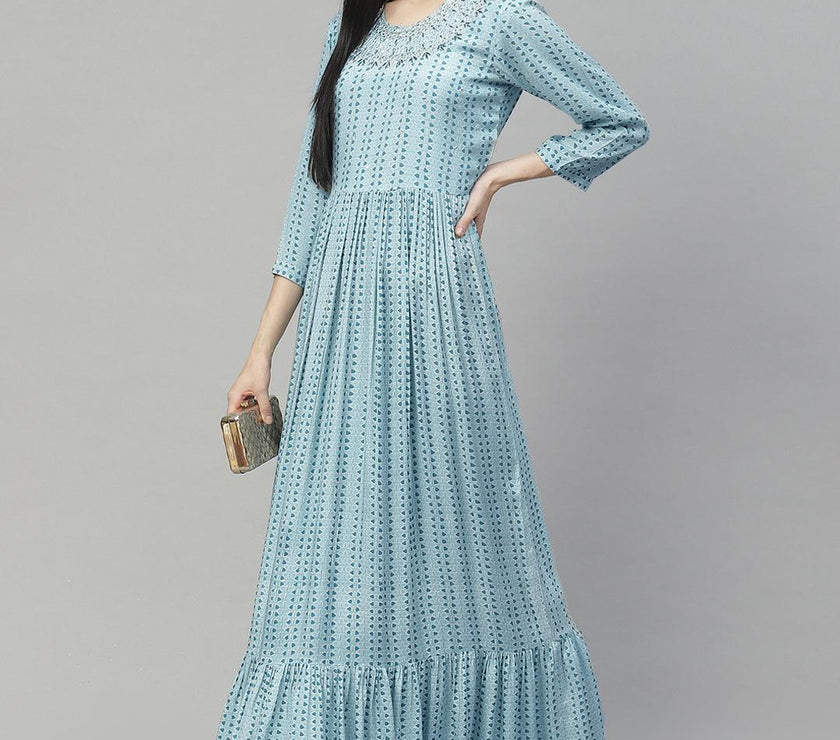 Divena Blue Muslin Flared Gown - divenaworld.com