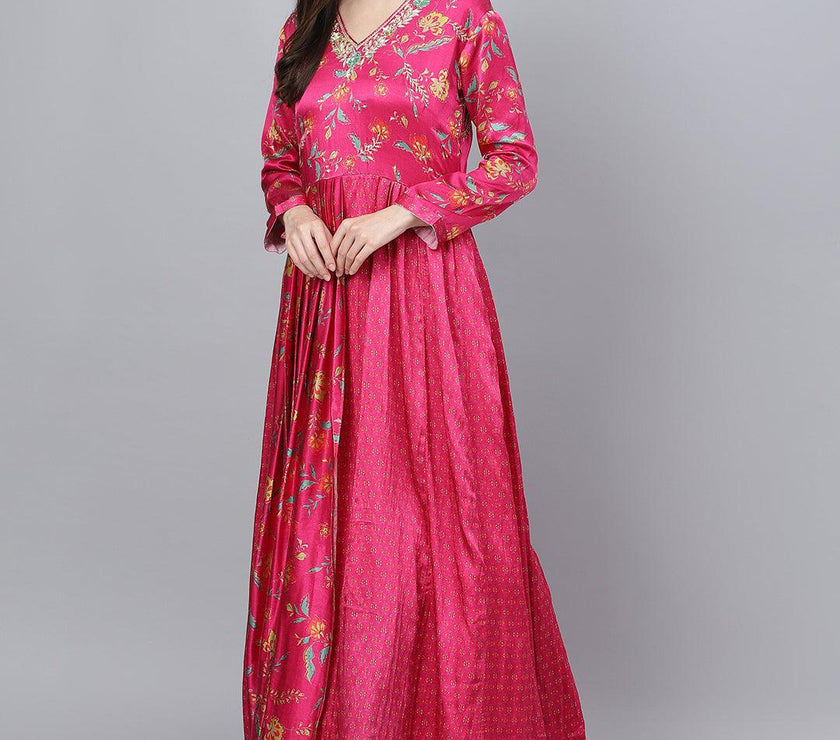 Divena Pink Floral Printed Gaji Silk Flared Gown - divena world