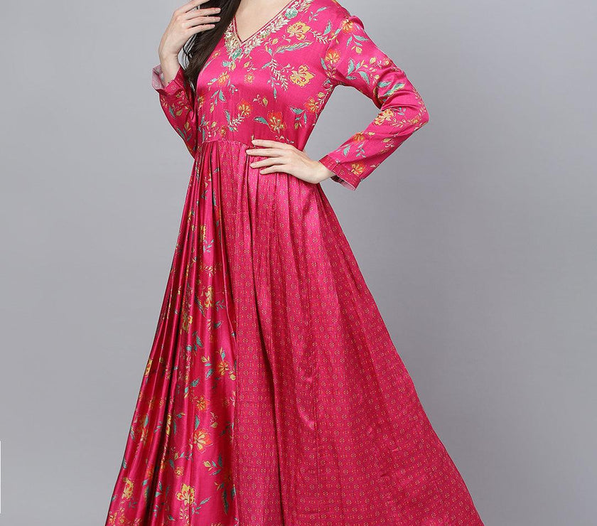 Divena Pink Floral Printed Gaji Silk Flared Gown - divena world