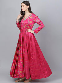 Divena Pink Floral Printed Gaji Silk Flared Gown - divena world