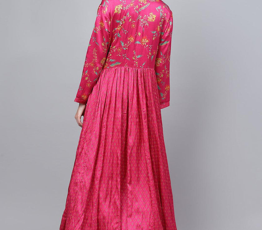 Divena Pink Floral Printed Gaji Silk Flared Gown - divena world