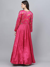 Divena Pink Floral Printed Gaji Silk Flared Gown - divena world