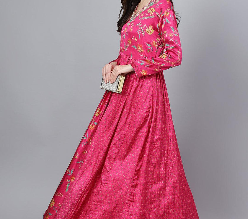 Divena Pink Floral Printed Gaji Silk Flared Gown - divena world