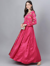 Divena Pink Floral Printed Gaji Silk Flared Gown - divena world