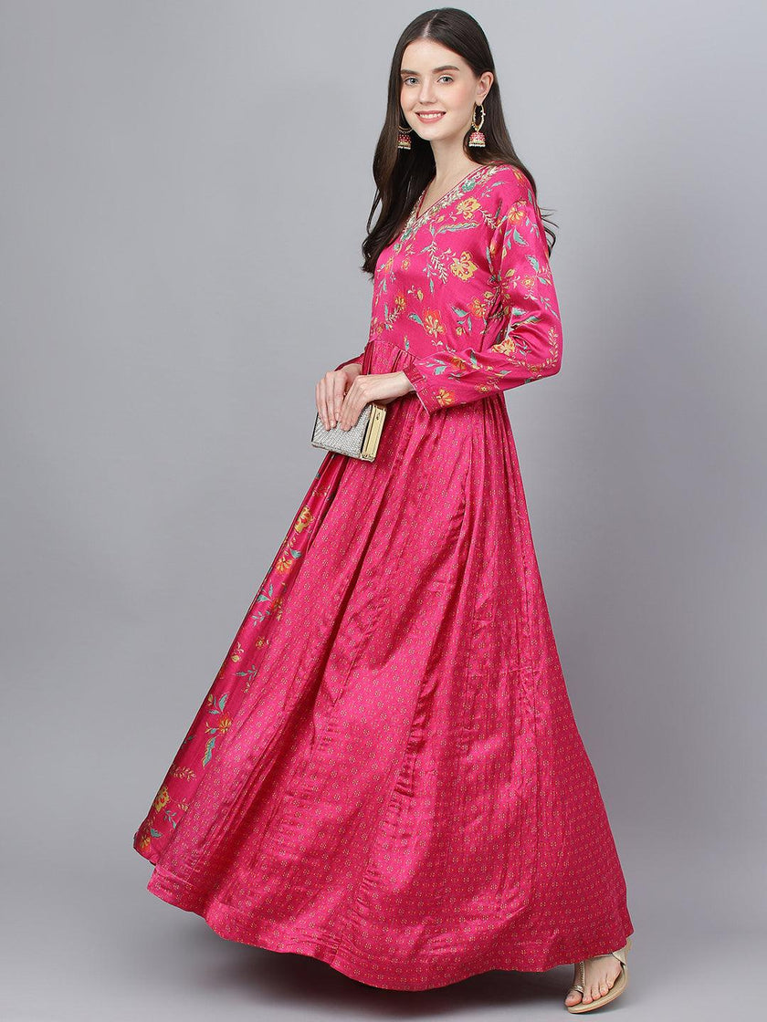 Divena Pink Floral Printed Gaji Silk Flared Gown - divena world