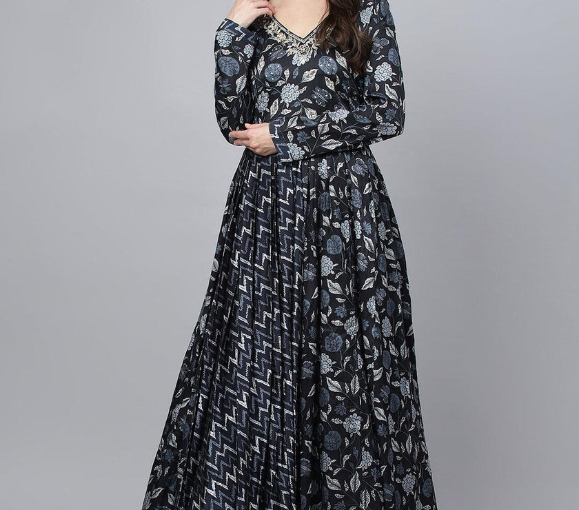 Divena Black Floral Printed Gaji Silk Flared Gown - divena world