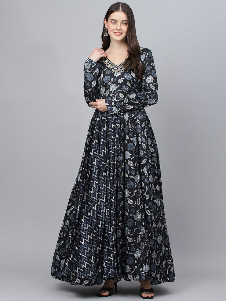 Divena Black Floral Printed Gaji Silk Flared Gown - divena world