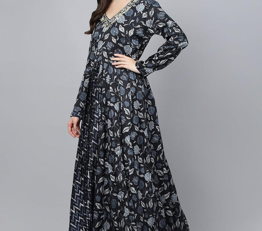 Divena Black Floral Printed Gaji Silk Flared Gown - divena world