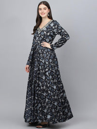 Divena Black Floral Printed Gaji Silk Flared Gown - divena world