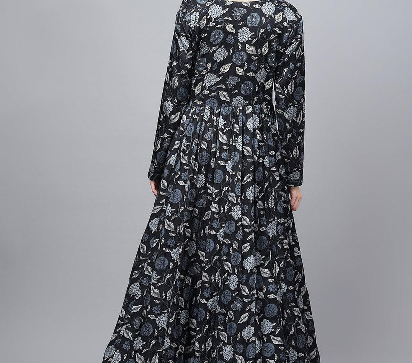 Divena Black Floral Printed Gaji Silk Flared Gown - divena world