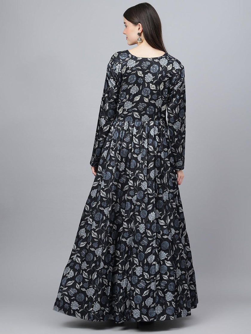 Divena Black Floral Printed Gaji Silk Flared Gown - divena world