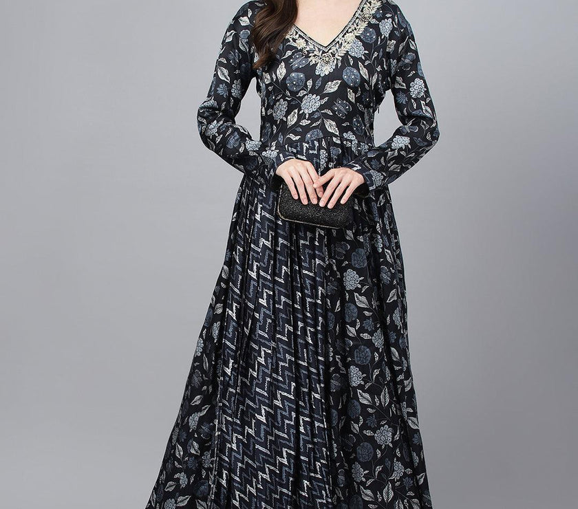 Divena Black Floral Printed Gaji Silk Flared Gown - divena world