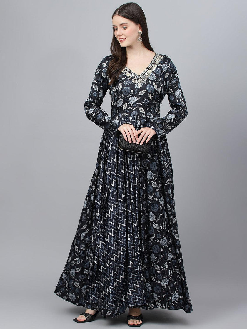 Divena Black Floral Printed Gaji Silk Flared Gown - divena world