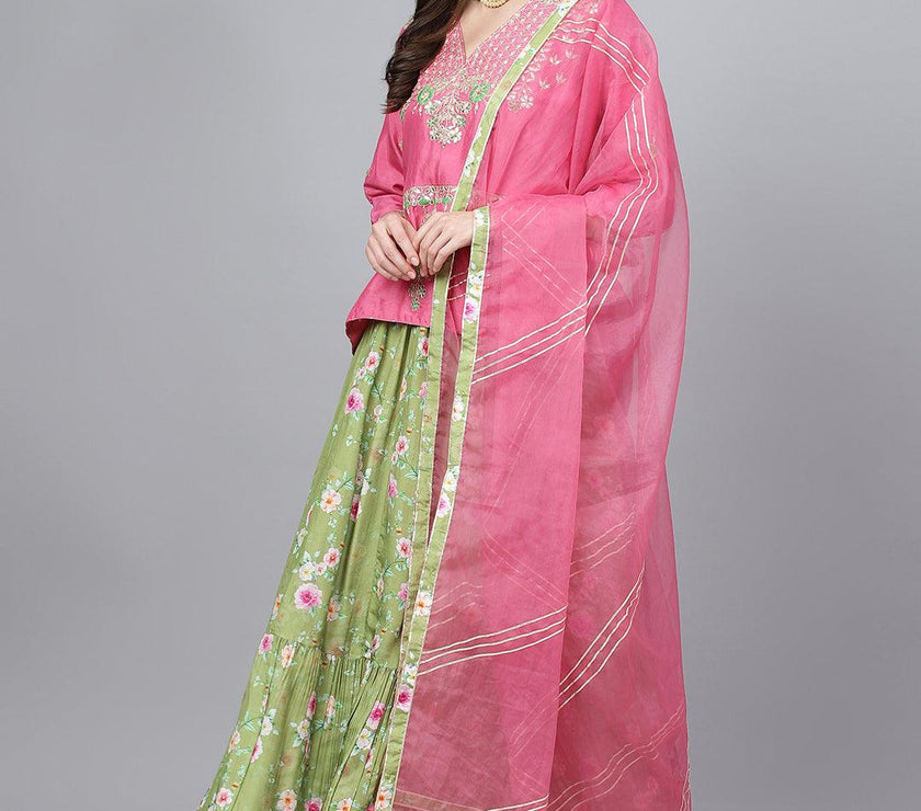 Divena Pink and Green Russian Silk Flared Lehenga Choli Set with Organza Dupatta - divena world