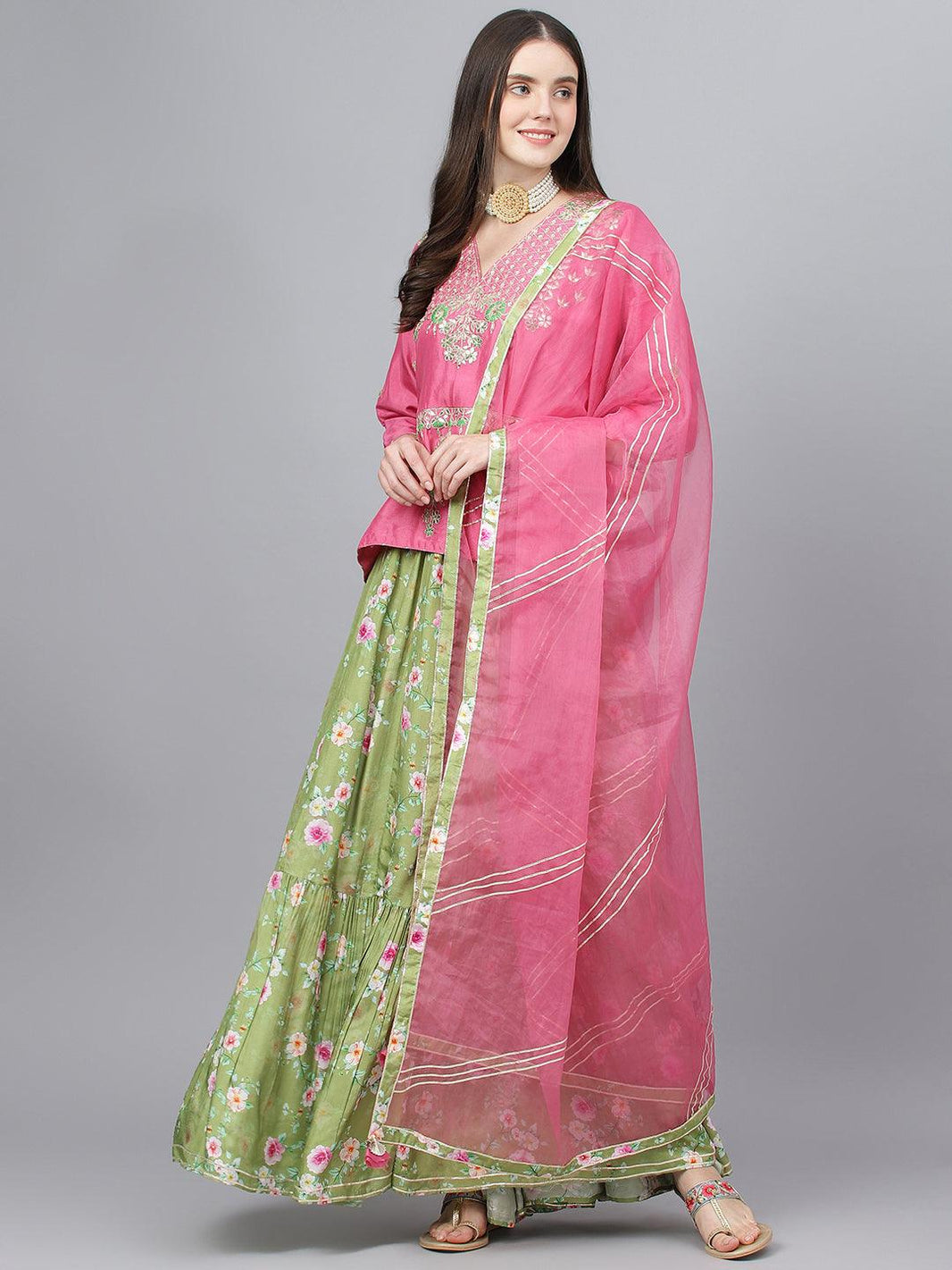 Divena Pink and Green Russian Silk Flared Lehenga Choli Set with Organza Dupatta - divena world